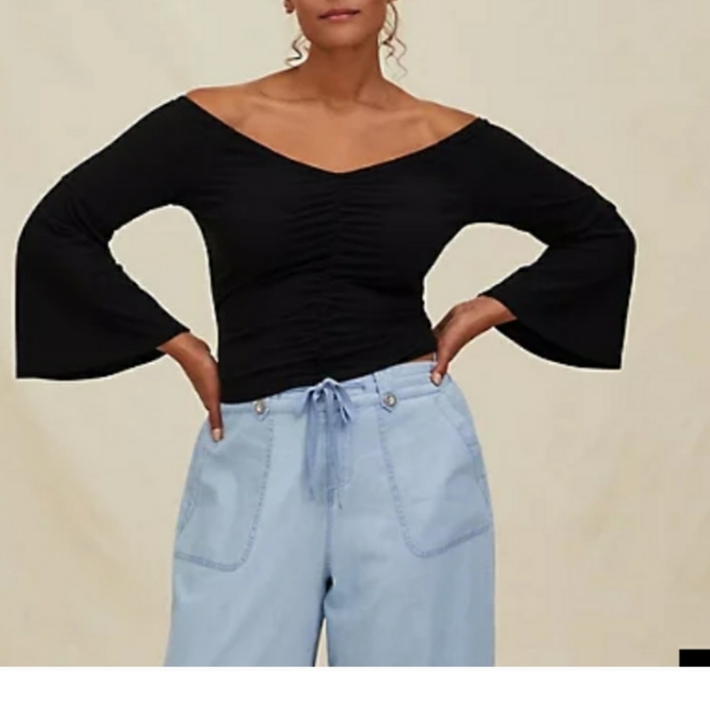 🆕BLACK RIB BELL SLEEVE MIDI SHIRRED OFF SHOULDER TOP